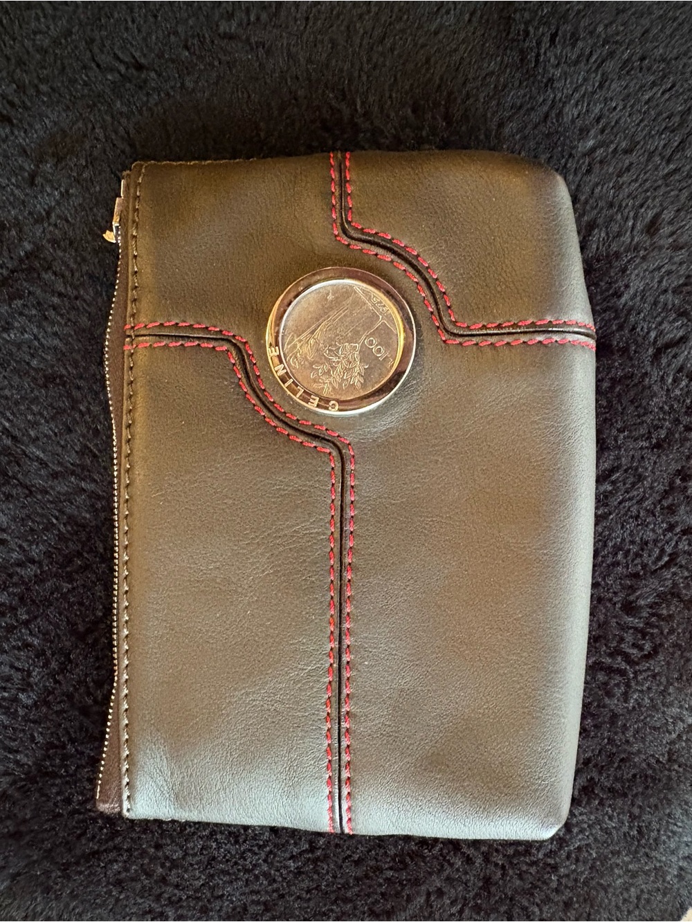 CELINE Black Leather pouch with Red Stitching & coin embellishment